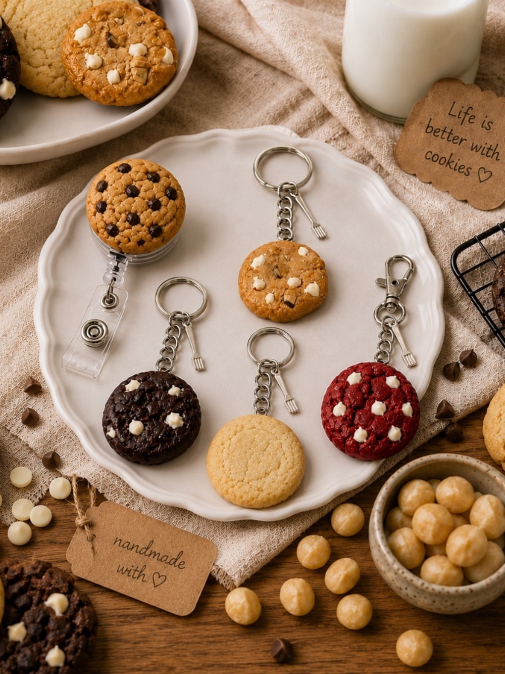 Cookie Keychain, Bag Clip & Badge Reel Charm | Handmade Multiple Flavors